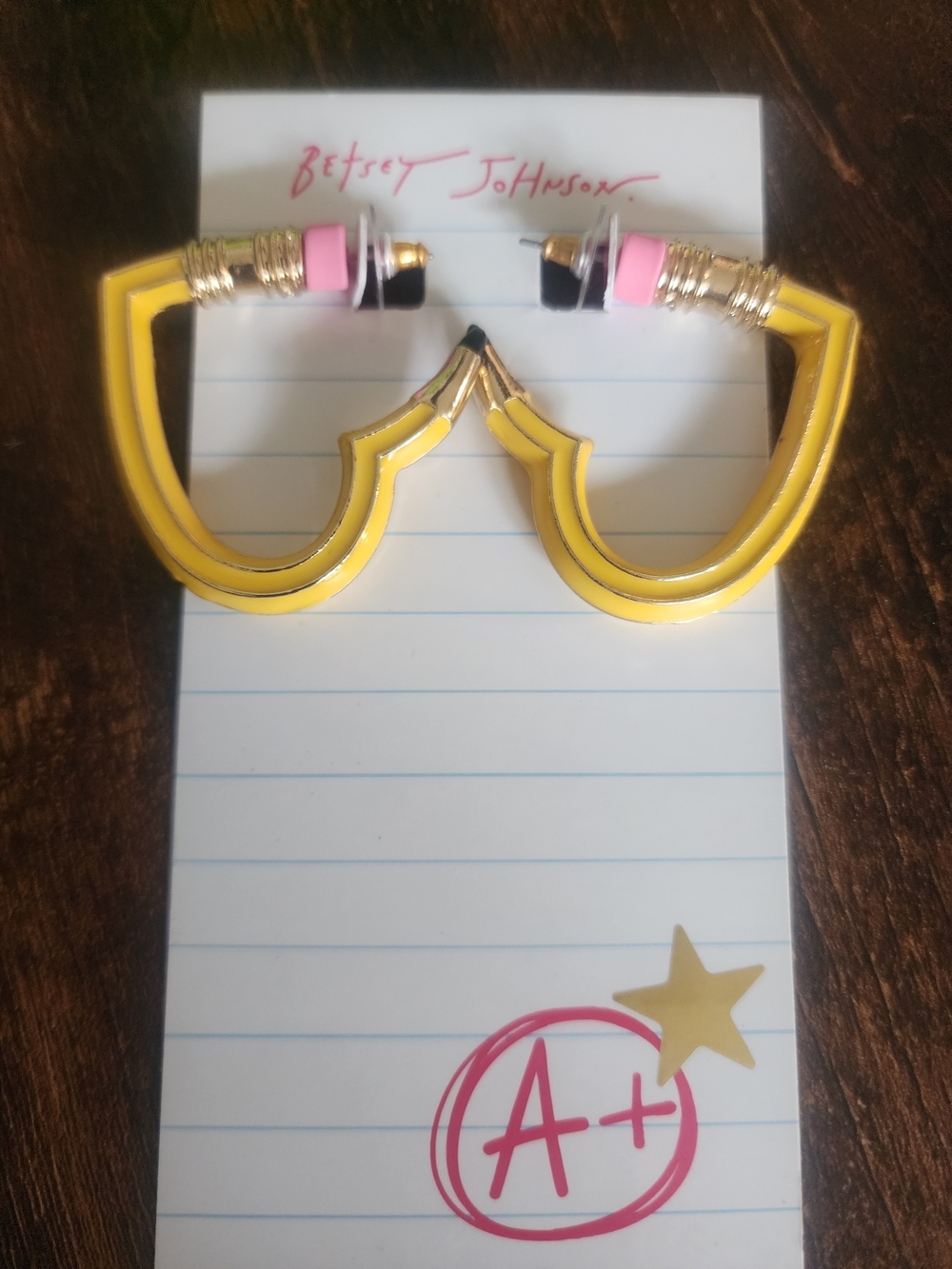 Betsey Johnson Yellow Pencil Heart Hoop Earrings